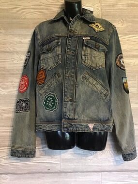 Men's Distressed Guess Denim Jacket with Patch Details - NWT